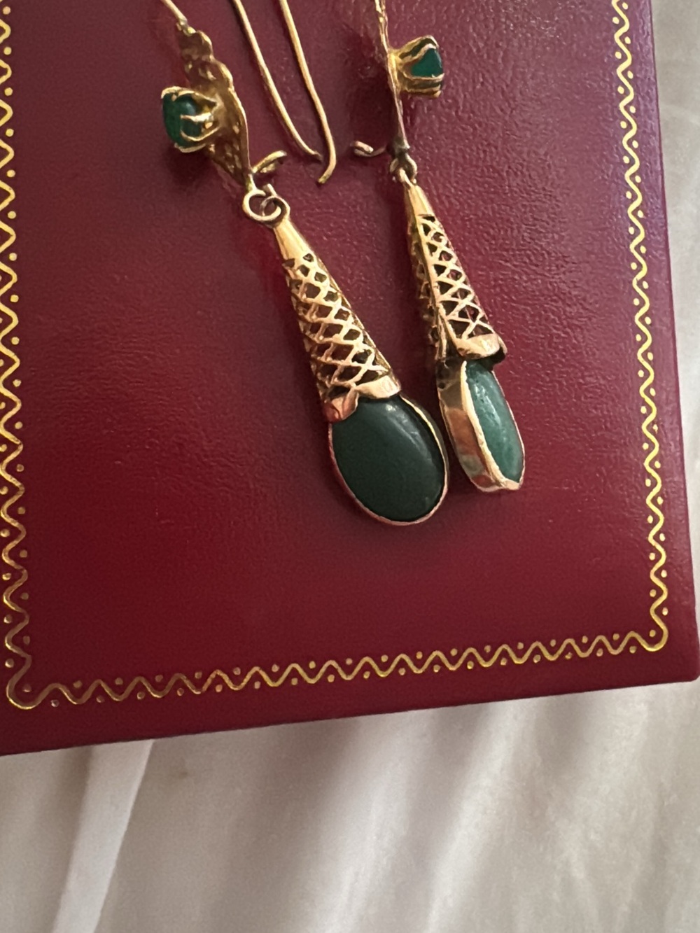 Gold Drop Earrings with Dark Green Stone
